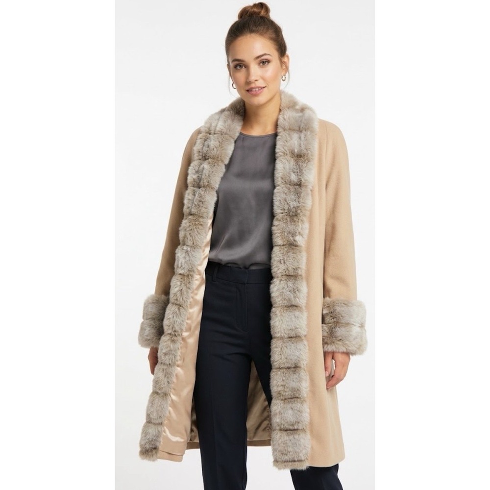Vintage Alorna 100% Wool Faux Fur Trim Tuxedo Coat USA Made Camel Tan Sz 14 XL